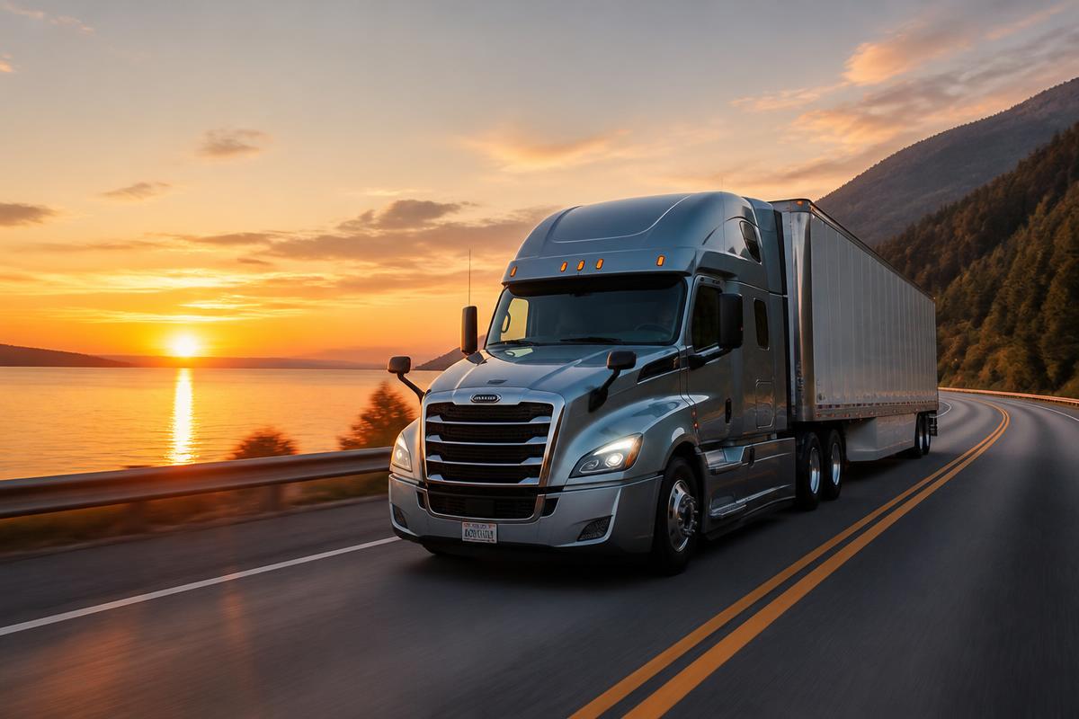 Modern semi-truck driving on a scenic highway at sunset
